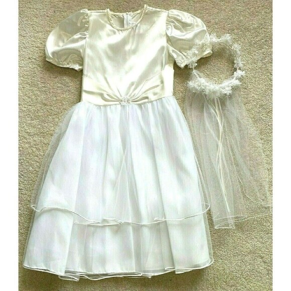 Wedding Flower Girl Dress Sz 10 Ivory White w Headpiece Cream Communion Formal - Picture 1 of 11